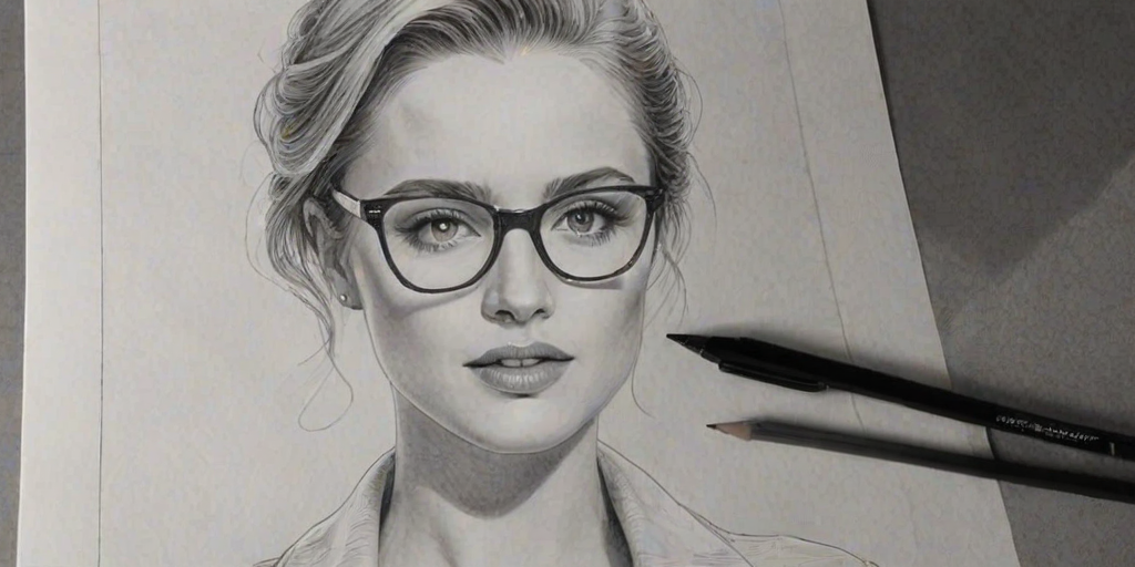 Radiant Evan Rachel Wood, pencil sketch, portrait of Alluring woman 1958s in glasses, hair style beatnik, outline, clear lines, fine lines, 8k