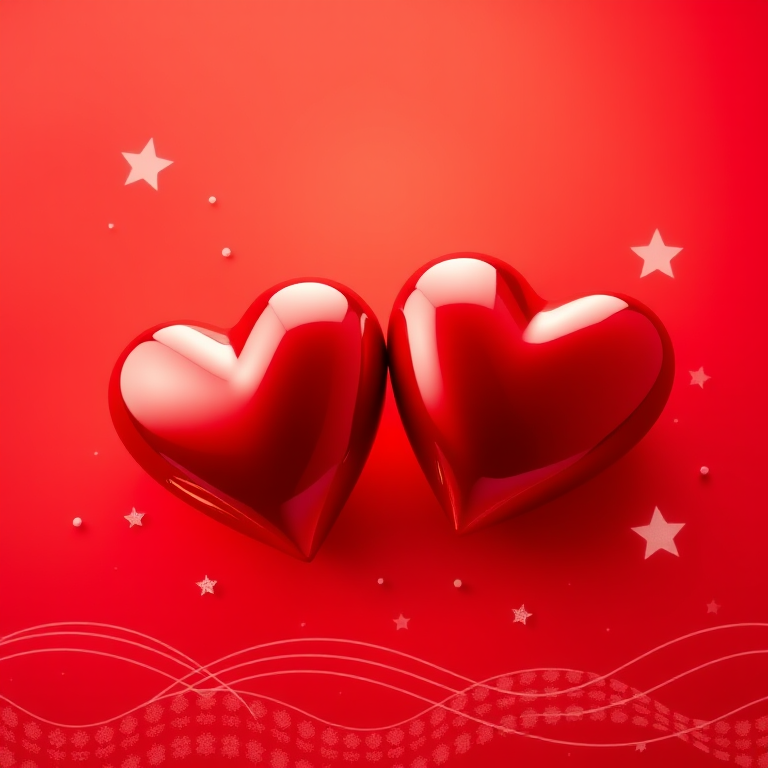 Generate a vibrant red background with two glossy hearts, adorned with sparkling stars and a wave-like pattern, using a full-frame DSLR camera at f/2.8 aperture, ISO 100, 1/60 sec shutter speed, shot in macro mode to enhance detail and texture.