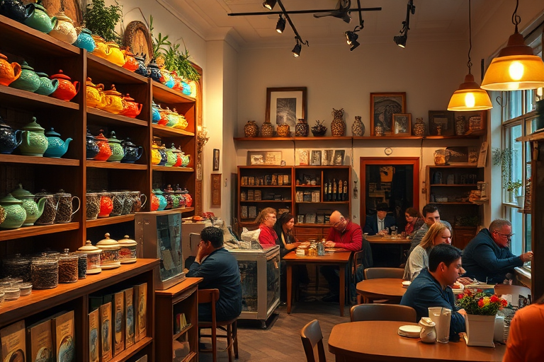 Warmly lit photo of a charming tea shop, with shelves lined with colorful teapots and loose-leaf teas, soft light illuminating the cozy seating area filled with patrons.