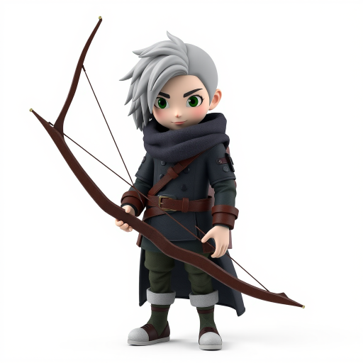 3D character holding a bow, standing in a neutral pose against a plain white background, captured with a Canon EOS R5 at 50mm, f/1.8, ISO 100, with soft lighting to enhance details and textures.