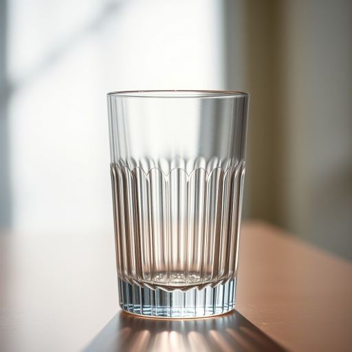 Create a high-resolution image of a clear glass tumbler with vertical ribbed texture, shot with a Canon EOS R5 at f/8, ISO 100, with a 50mm lens in natural light, focusing on the details of the glass and casting soft shadows.
