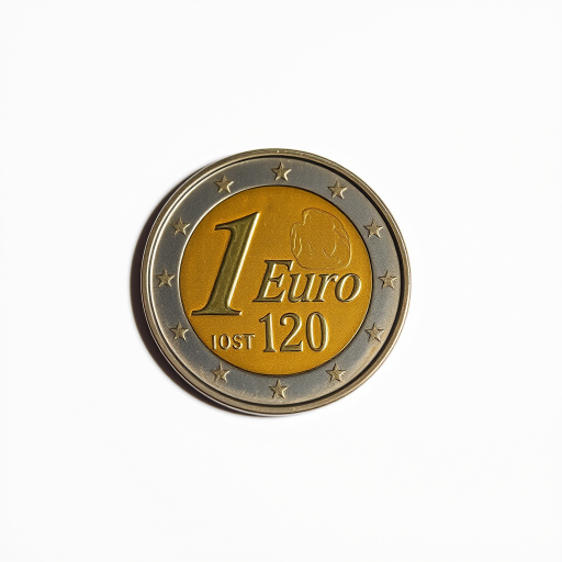 Generate a high-resolution image of a 1 Euro coin on a clean, white background, macro lens settings with f/2.8 aperture, 1/200 sec shutter speed, ISO 100, using a DSLR camera for enhanced detail and clarity.