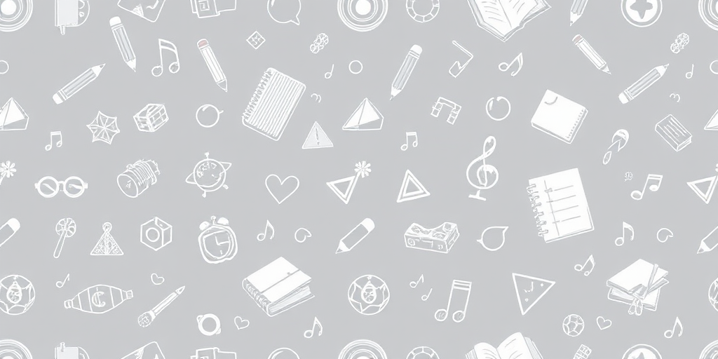Create a seamless pattern design featuring hand-drawn educational elements like pencils, notebooks, geometric shapes, and musical notes, with a neutral gray background, shot using a high-resolution camera with a 50mm lens at f/8, ISO 100, in natural lighting to enhance detail and clarity.