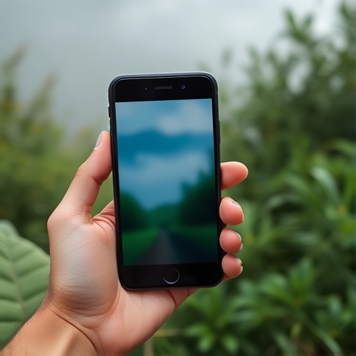 A smartphone held in a hand with a blurred screen, surrounded by greenery and water in the background, captured with a Canon EOS 5D Mark IV, 50mm lens, aperture f/2.8, shutter speed 1/200 sec, ISO 100, natural daylight, shallow depth of field.