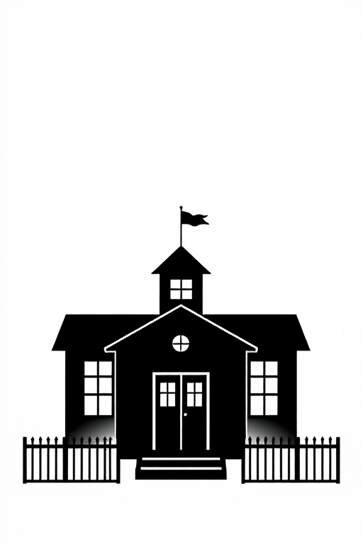 Create a high-resolution image of a simple black schoolhouse silhouette with a flag on the roof, shot with a DSLR camera at f/8 aperture, ISO 100, 1/250 shutter speed, using a wide-angle lens, capturing a clean and minimalistic design against a white background.