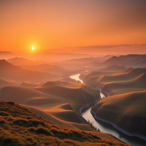 Create a high-resolution image of a serene landscape featuring rolling hills and a calm river at sunrise, captured with a Canon EOS R5 using a 24-70mm f/2.8 lens, aperture set to f/8, shutter speed at 1/125s, ISO 100, with a wide-angle view to enhance depth and clarity.