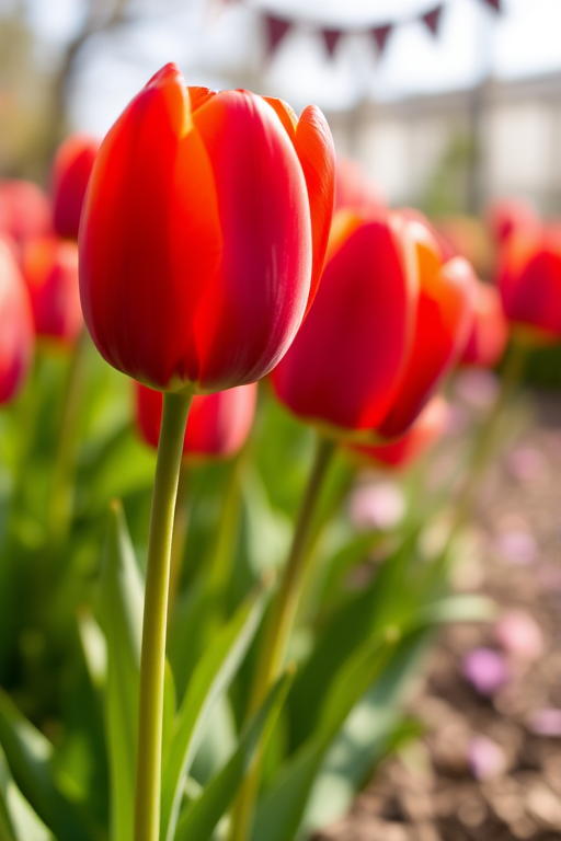 Close-up of vibrant red tulips in a garden, shallow depth of field, soft natural lighting, ISO 100, aperture f/2.8, shutter speed 1/500 sec, DSLR camera, macro lens, landscape orientation.
