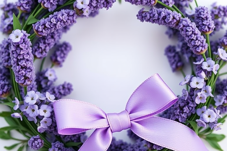 create a circular floral frame with lavender flowers and a soft purple ribbon bow, high-resolution, macro lens, shallow depth of field, natural lighting, DSLR camera, focus on flower details and vibrant colors