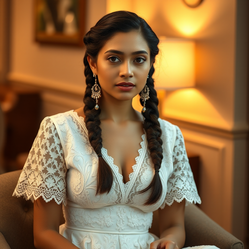 Create a portrait of a refined and elegant Nepali woman seated in a sophisticated setting. She has long, wavy hair styled in two thick braids that are pulled over her shoulders. She wears a white, lace gown with intricate patterns, featuring a deep V-neckline and short sleeves. The dress exudes a vintage charm with its delicate lacework. She is adorned with ornate, dangling earrings that add a touch of glamour to her appearance. The background is softly lit, with warm, ambient lighting that creates a cozy and inviting atmosphere. Her expression is poised and serene, capturing a sense of grace and elegance.