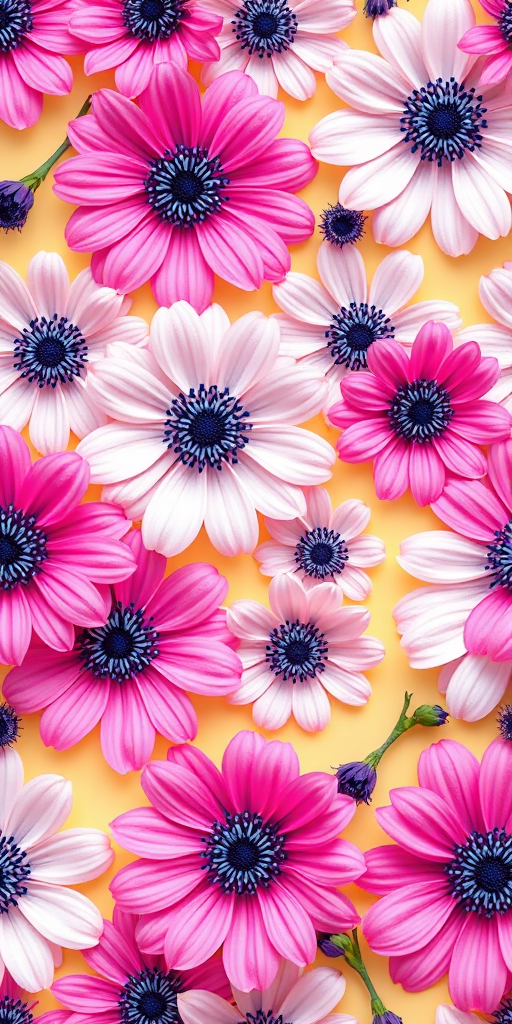 Create a seamless floral pattern featuring pink and white flowers with intricate blue centers against a pale yellow background, captured with a DSLR camera at f/8 aperture, ISO 100, 50mm lens, top-down view, vibrant colors, high-resolution.