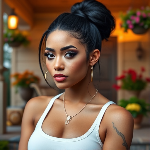 A photo of Nicki Minaj with a background of a cozy porch. She has dark hair pulled back in an updo, with tendrils framing her face. She wears a white tank top and sits on the porch. The porch is part of a well-lit home with a warm, earthy tone and colorful flowers and foliage. The overall scene has a warm, welcoming, and comfortable ambiance.