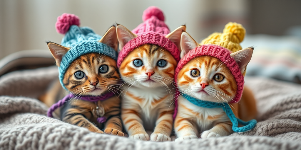 Three adorable cats wearing colorful knitted hats, sitting close together on a cozy blanket, soft natural lighting, shallow depth of field, 50mm lens, f/1.8 aperture, ISO 200, DSLR camera, portrait orientation.