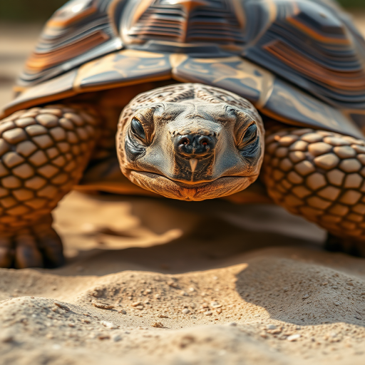 Close-up of a large tortoise walking on sandy ground, shallow depth of field, natural lighting, camera settings: ISO 200, f/4, 1/200 sec, camera type: DSLR, lens: 50mm, view: low angle.