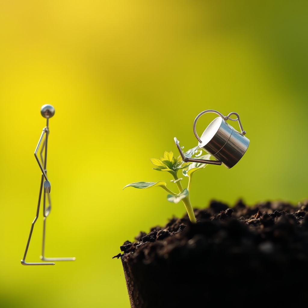 A metal figurine of a person, constructed from thin, silver rods, stands on the left side of the image, facing the viewer. The figurine is holding a small watering can and pouring water onto a young plant, with a few droplets in the air. The plant, with lush green leaves, is situated in the center, growing from dark soil. The background is a soft, out-of-focus blur of green, illuminated by warm, natural light.  The composition creates a sense of depth and intimacy. The image evokes feelings of growth, nurture, and hope.