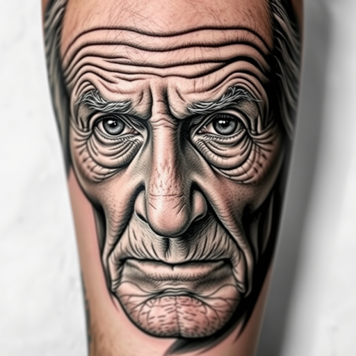 Realistic grayscale tattoo titled "Timeless Portrait" depicting a highly detailed elderly face with deep wrinkles wisdom-filled eyes and weathered skin textures capturing the essence of life's journey through expert shading techniques