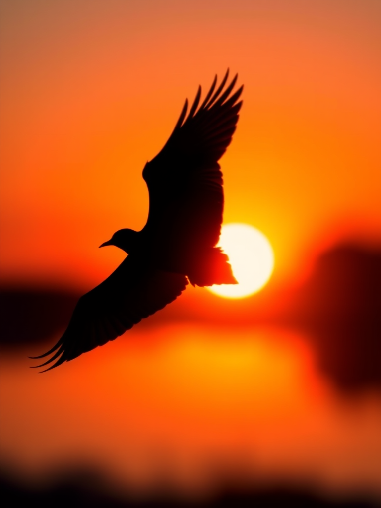 Generate a high-resolution image of a silhouette of a bird in flight against a vibrant sunset background, capturing the essence of freedom and nature, with a Canon EOS R5 camera, 50mm lens, aperture f/2.8, ISO 100, and a shallow depth of field for a soft background blur.