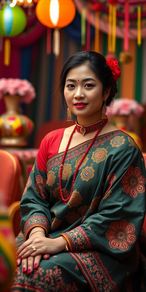 regenerate the image of a woman in traditional attire seated in a festive setting with colorful decorations, camera settings: f/2.8, ISO 100, shutter speed 1/200, camera view: portrait, camera style: vibrant colors, camera type: DSLR