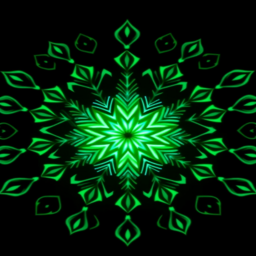 Create a vibrant mandala design featuring a central snowflake with glowing green accents and intricate geometric patterns on a dark background, using a Canon EOS 5D Mark IV with a 50mm f/1.8 lens, aperture set to f/8, ISO 100, and a shallow depth of field for a clear and detailed image.