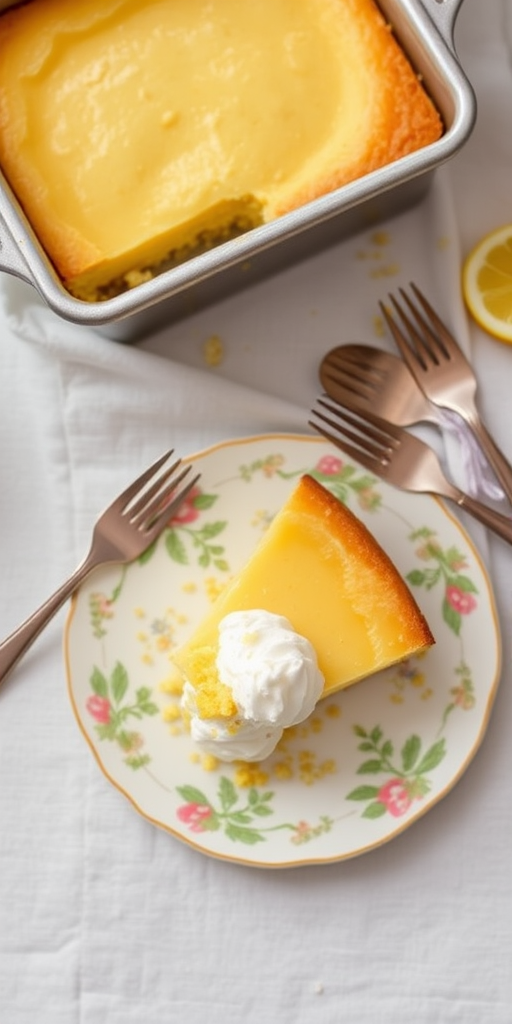 A delicious lemon dessert cake served in a silver rectangular pan with a slice on a floral plate garnished with whipped cream and crumbs, surrounded by forks and a lemon slice on a light fabric background.