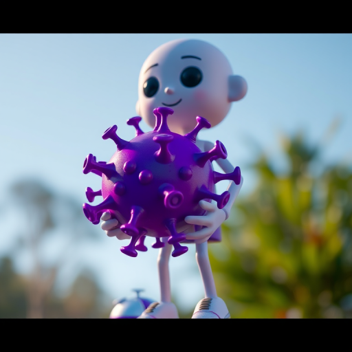 Create a 3D character model of a stylized humanoid figure holding a bright purple, cartoonish virus, using a Canon EOS R5 camera with a 50mm lens, f/1.8 aperture, ISO 100, and shot in natural light from a low angle perspective for dynamic detail.