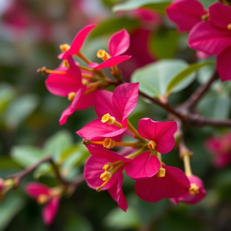 Macro shot of vibrant pink bougainvillea flowers with green bracts in soft focus background, aperture f/2.8, shutter speed 1/250s, ISO 100, Canon EOS 5D Mark IV, natural light, shallow depth of field.
