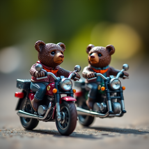 A close-up shot of two pairs of figurine bears riding motorcycle sidecars, captured with a Canon EOS 5D Mark IV, 50mm lens, aperture f/2.8, ISO 100, 1/200 sec, soft natural lighting, focused background, vibrant colors.