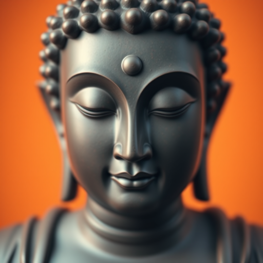 Create a high-resolution image of a serene Buddha face with a smooth texture and an orange background, using a DSLR camera set to 50mm focal length, aperture f/1.8, ISO 100, capturing a shallow depth of field for a blurred background effect.
