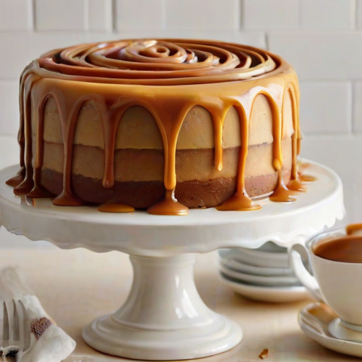 Create an image of a layered cake with a smooth frosting and a swirl of caramel on top. The cake should have a slice removed, revealing its fluffy texture and layers. Place the cake on a simple, elegant cake stand with a light background, and add a few decorative elements like a small jar of caramel sauce and some plates around it.