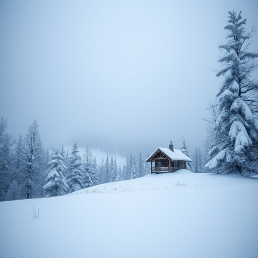 snowy landscape with a distant cabin in a serene atmosphere, soft falling snowflakes, wide-angle view, f/11 aperture, 1/500 shutter speed, ISO 100, DSLR camera, natural light
