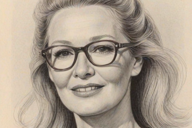 Lovely Diane Ladd, pencil sketch, portrait of Bewitching woman 1978s in glasses, hair style beatnik, outline, clear lines, fine lines, 8k