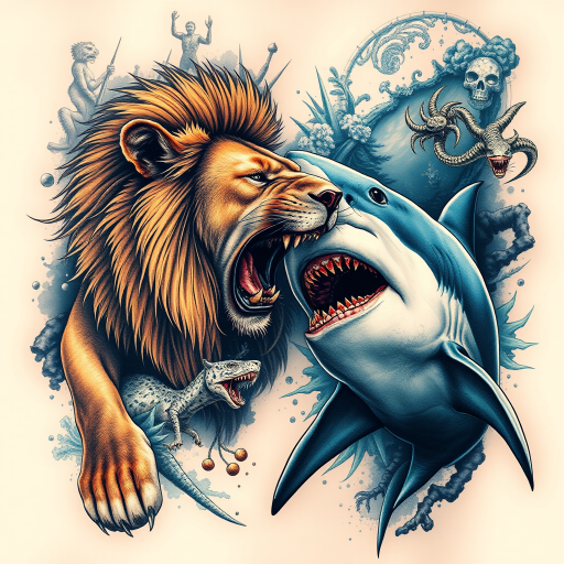 Realistic wildlife tattoo called "Apex Predators" depicting a dramatic encounter between a lion and a great white shark, seamlessly blending their habitats in a surreal composition, with hyper-detailed textures and dynamic poses, ideal for full back or chest piece