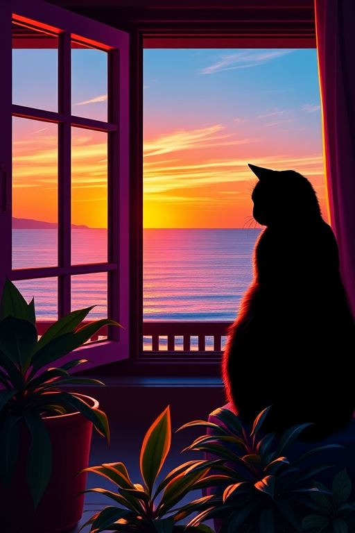 create a vibrant interior scene with a silhouette of a black cat sitting by a colorful window overlooking a sunset and ocean, include potted plants in the foreground, use a Canon EOS R5 at f/8, ISO 100, shutter speed 1/125 sec, taken from a slightly elevated angle for depth, bright and vivid colors with high contrast, emphasize artistic brush strokes and textures.