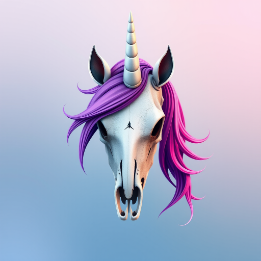 Create a high-resolution illustration of a unicorn skull with vibrant purple and pink hair flowing from its head against a soft gradient background, using a DSLR camera, 50mm lens, f/1.8 aperture, ISO 100, and shoot from eye level to enhance details and colors.