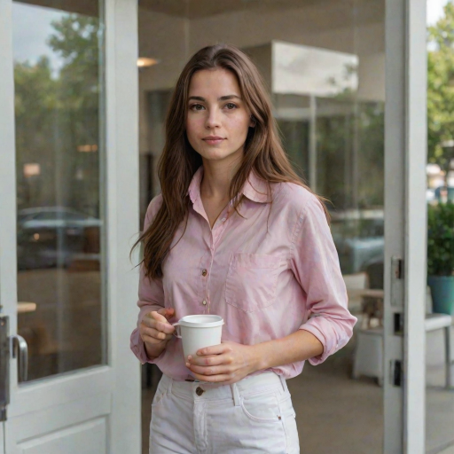 A young woman with long brown hair stands with her back against a glass door, wearing a pink button-down shirt over a white T-shirt and white pants, holding a cup of coffee in her right hand. The woman is looking directly at the viewer, her expression is neutral. Her right hand is tucked into the pocket of her pants while her left hand holds the coffee cup. The lighting is soft and natural, highlighting her features. The background is blurred, with the focus on the woman. The photo is taken from a slightly elevated perspective, showcasing the woman's full figure.