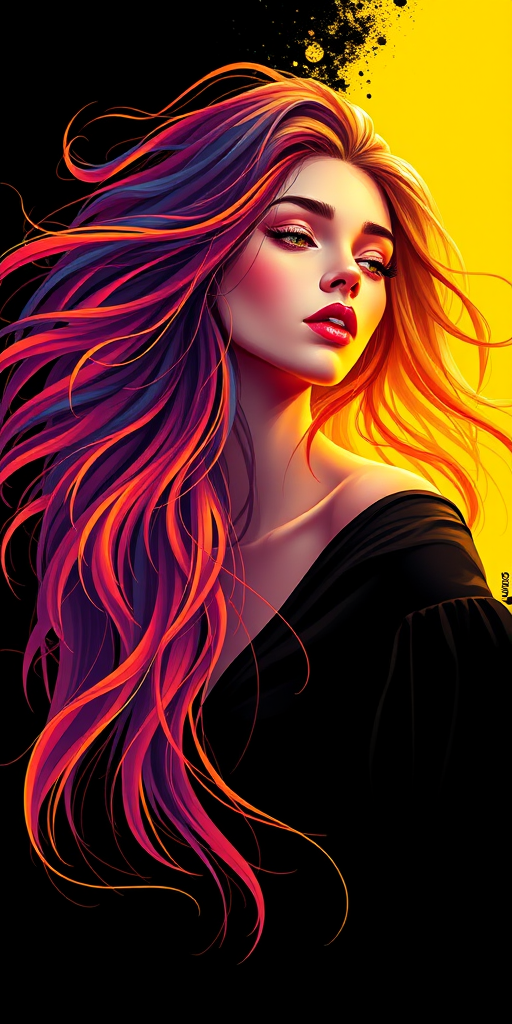 Create a highly detailed digital illustration of a female figure with flowing hair, vibrant colors blending between a black and yellow background, using a Canon EOS 5D Mark IV, 50mm lens, f/1.8 aperture, ISO 100, with a high dynamic range to enhance contrast and sharpness.