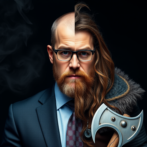 a combination of two pictures of a man in two completely different outfits and makeups. seamless stitched together vertically exactly over the middle of his face. exact same eye level on both sides. The left side shows him as a business person, without beard, wears suit, tie and glasses. The right side of him is wearing no glasses, long hair and beard and is dressed like a viking with a battle axe in his hand. The background is continuously dark with some smoke over both sides. --no visible lines or seams between both sides of the picture