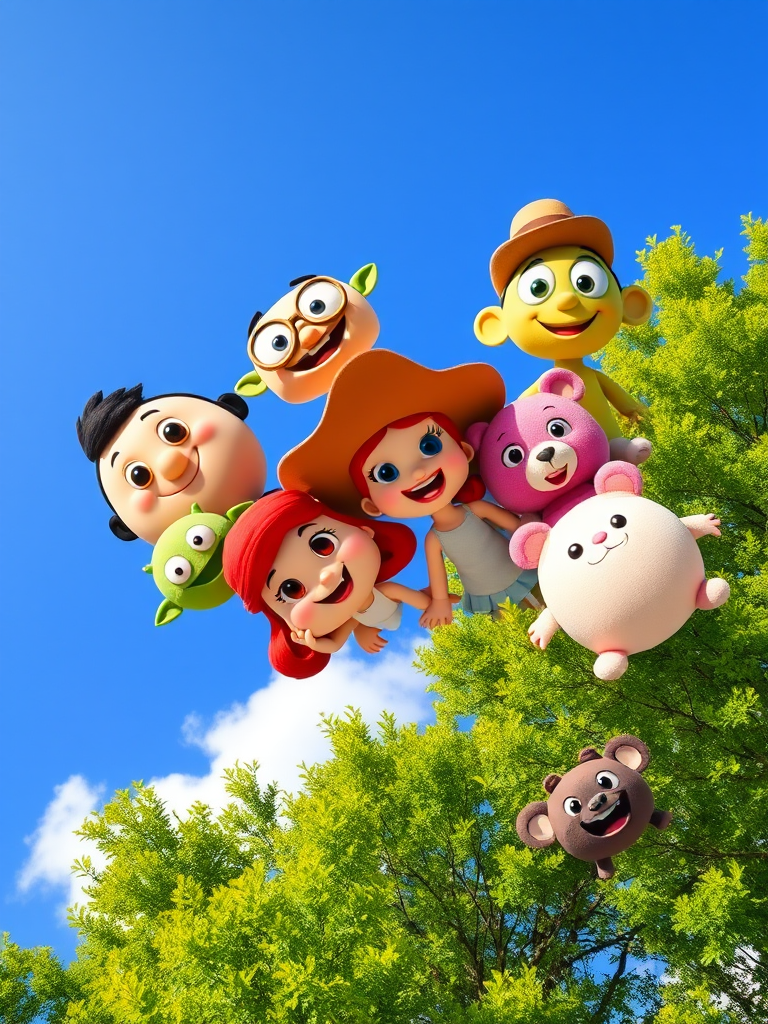Create an image featuring a vibrant blue sky with lush green trees in the background. Include a group of playful cartoon characters looking down from the top of the image. The characters should have distinct features: one with a round face and a playful expression, another resembling a green alien with big eyes, a character with a cowboy hat and a friendly smile, a pink plush bear, a character with red hair and a wide-brimmed hat, and a small creature with a round body and a cheerful face. The overall mood should be fun and whimsical.