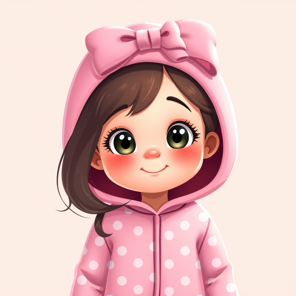 Generate a high-quality illustration of a cute cartoon girl in a pink polka dot onesie with a bow on her head, using a digital art style, with bright colors and smooth lines, captured from a front view, simulate a Canon EOS 5D Mark IV with an aperture of f/4, ISO 100, and a focal length of 50mm.