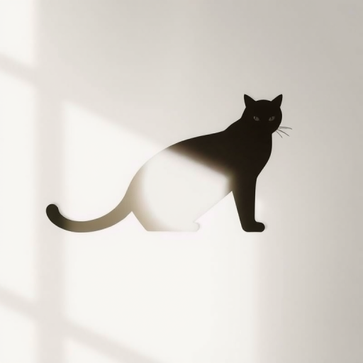 Create a high-resolution illustration of a simplistic cat silhouette on a plain background, using a Canon EOS 5D Mark IV with a 50mm f/1.8 lens, aperture set to f/2.8, ISO 100, and natural lighting for a clean and sharp image.