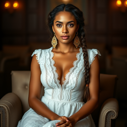 Create a portrait of a refined and elegant Samoan woman seated in a sophisticated setting. She has long, wavy hair styled in two thick braids that are pulled over her shoulders. She wears a white, lace gown with intricate patterns, featuring a deep V-neckline and short sleeves. The dress exudes a vintage charm with its delicate lacework. She is adorned with ornate, dangling earrings that add a touch of glamour to her appearance. The background is softly lit, with warm, ambient lighting that creates a cozy and inviting atmosphere. Her expression is poised and serene, capturing a sense of grace and elegance.