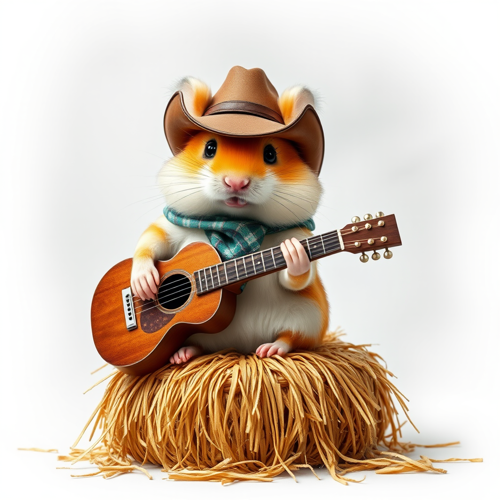 A chibi hamster, dressed as a cowboy, playing guitar, sitting on a hay bale