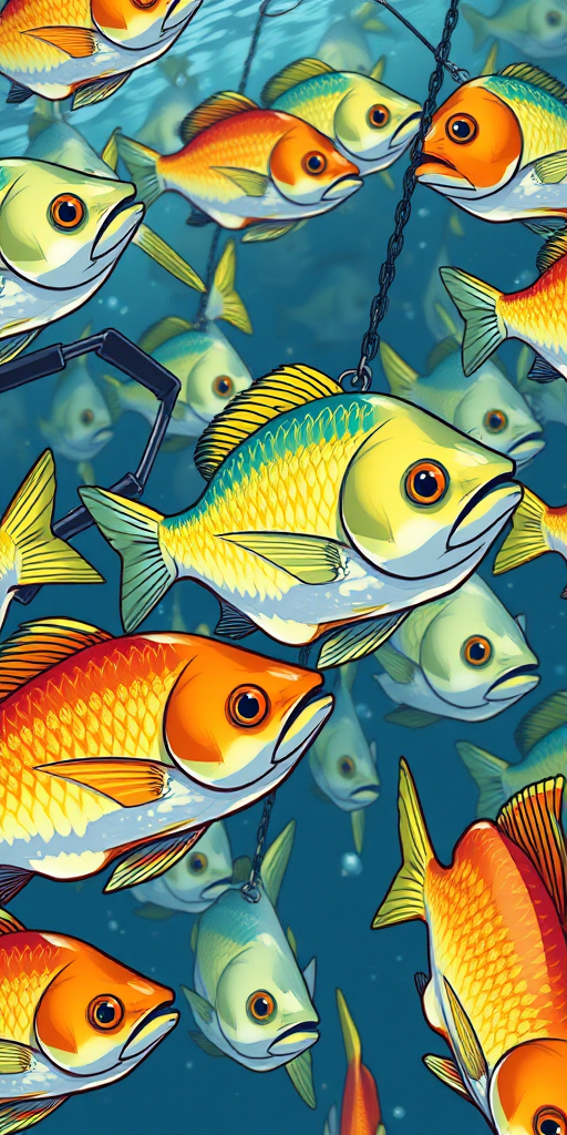 Create a vibrant illustration of a school of fish swimming together, focused on a few standout colored fish among a gray body of fish, with a fishing hook visible; use a digital drawing style with a high-resolution setting of 300 DPI, close-up view, and bright colors to enhance clarity and detail.