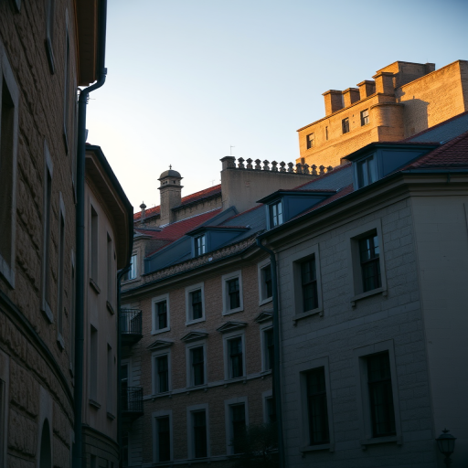 Capture a serene evening scene of historic architecture with soft sunlight illuminating the rooftops, using a Canon EOS 5D Mark IV, aperture f/8, shutter speed 1/125 sec, ISO 100, wide-angle lens at 24mm, and shoot from a low angle to emphasize the textures and details of the buildings.