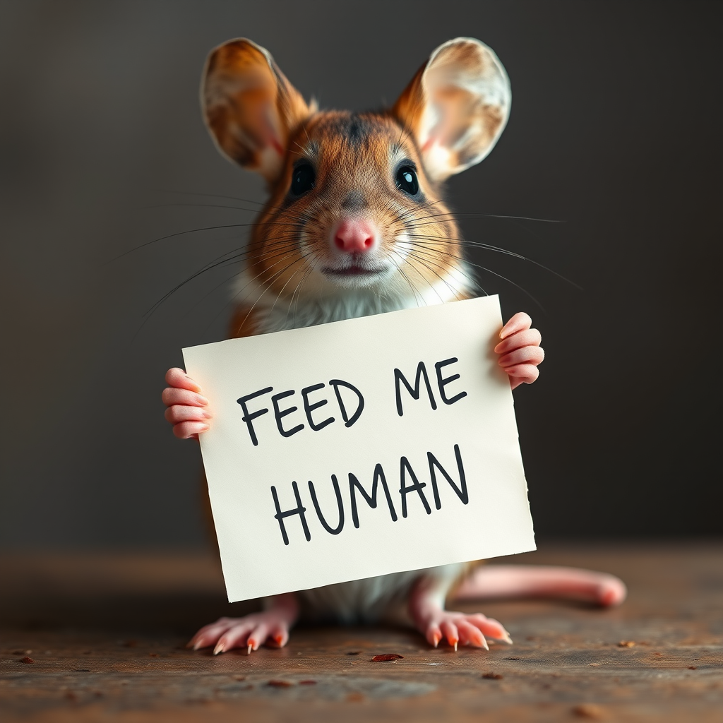 mouse holding a note which says "FEED ME HUMAN"