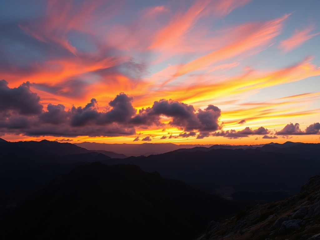 Generate a high-resolution image of a sunrise over a mountain range with vibrant colors and dramatic clouds, using a DSLR camera, focal length of 24mm, aperture f/8, ISO 100, shot in landscape view at golden hour.