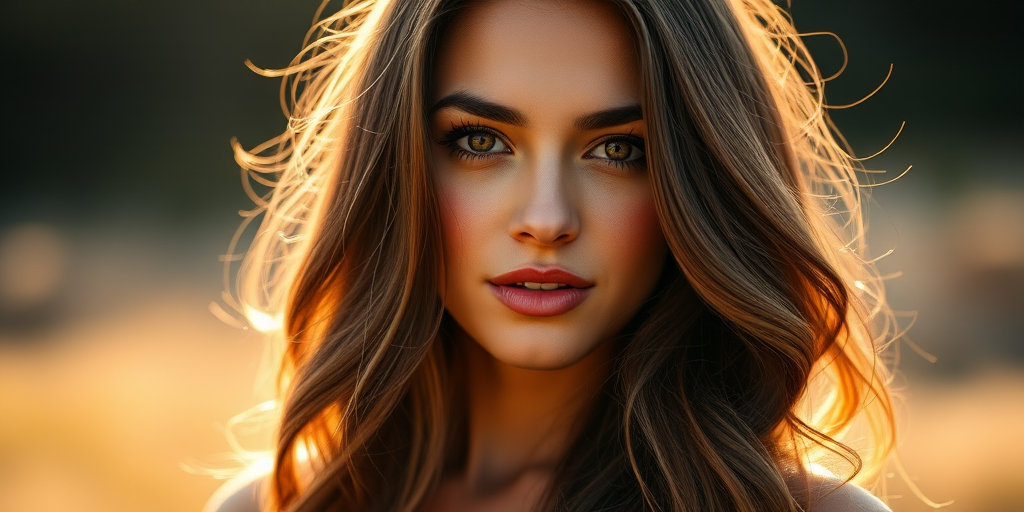 Portrait of a woman with long, wavy hair and expressive features, natural backlight during golden hour, 85mm lens, f/1.8 aperture, ISO 100, soft focus, DSLR camera, shallow depth of field.