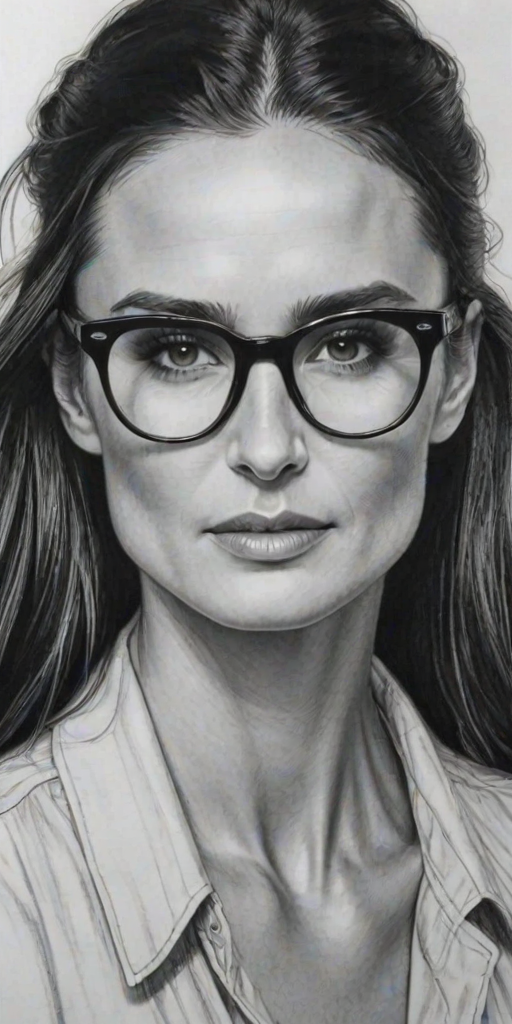 Stunning Demi Moore, pencil sketch, portrait of Delightful woman 1924s in glasses, hair style beatnik, outline, clear lines, fine lines, 8k