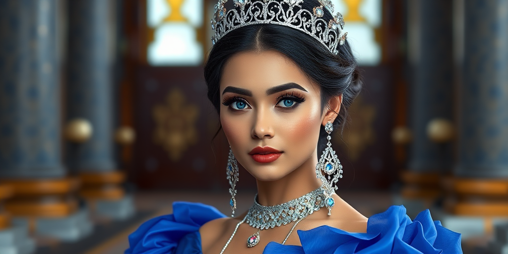 A gorgeous Bhutanese woman in a luxurious blue gown, accessorized with a dazzling tiara and statement earrings, her deep blue eyes highlighted by impeccable makeup, poised in a royal setting, photorealistic, 8K quality