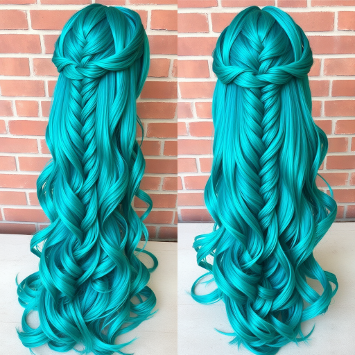 Vibrant teal mermaid waves cascading down to the waist, shimmering with iridescent highlights, known as "Ocean's Whisper" style, featuring intricate braids woven throughout