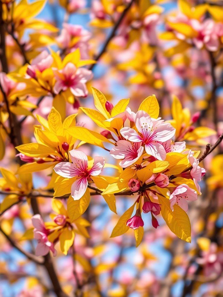 Create a vibrant digital illustration of a flowering tree with bright yellow leaves and pink blossoms, captured in a high-resolution close-up style, using a DSLR camera with a 50mm lens, f/2.8 aperture, ISO 100, and soft natural lighting to enhance the colors and details.